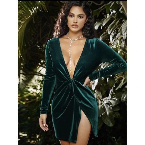 SHEIN | Dresses | Shein Sxy Plunging Twist Front Velvet Dress | Poshmark